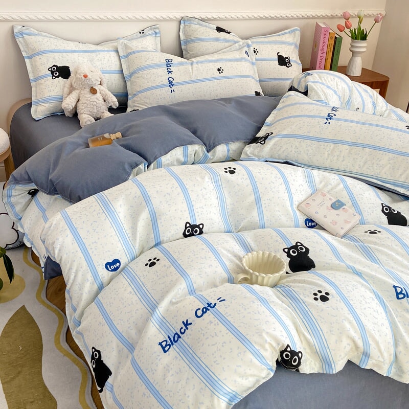 kawaiies-softtoys-plushies-kawaii-plush-Peach Blue Striped Black Cat Polyester Bedding Sets Bedding Sets 