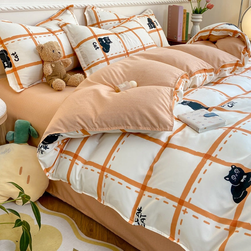 kawaiies-softtoys-plushies-kawaii-plush-Peach Blue Striped Black Cat Polyester Bedding Sets Bedding Sets 