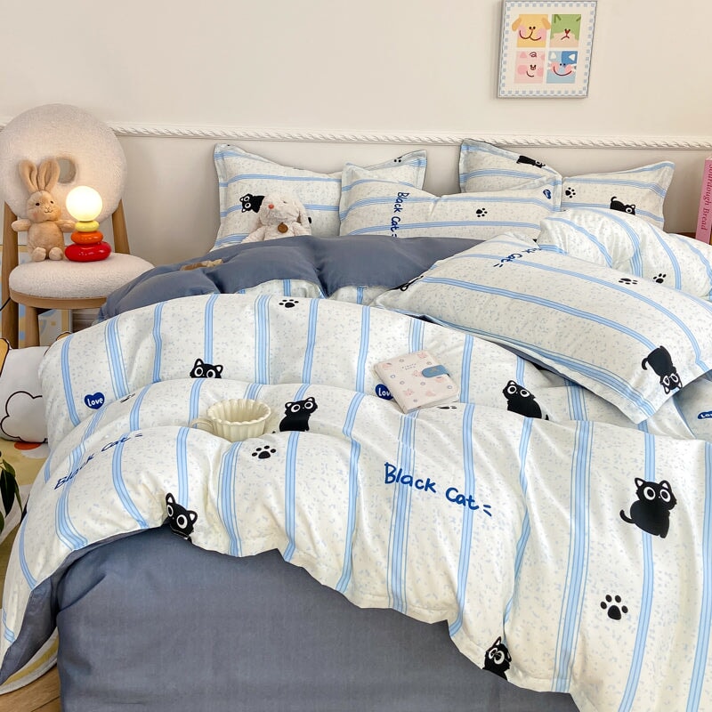 kawaiies-softtoys-plushies-kawaii-plush-Peach Blue Striped Black Cat Polyester Bedding Sets Bedding Sets 