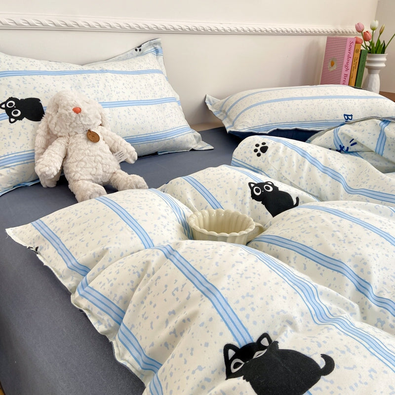 kawaiies-softtoys-plushies-kawaii-plush-Peach Blue Striped Black Cat Polyester Bedding Sets Bedding Sets 