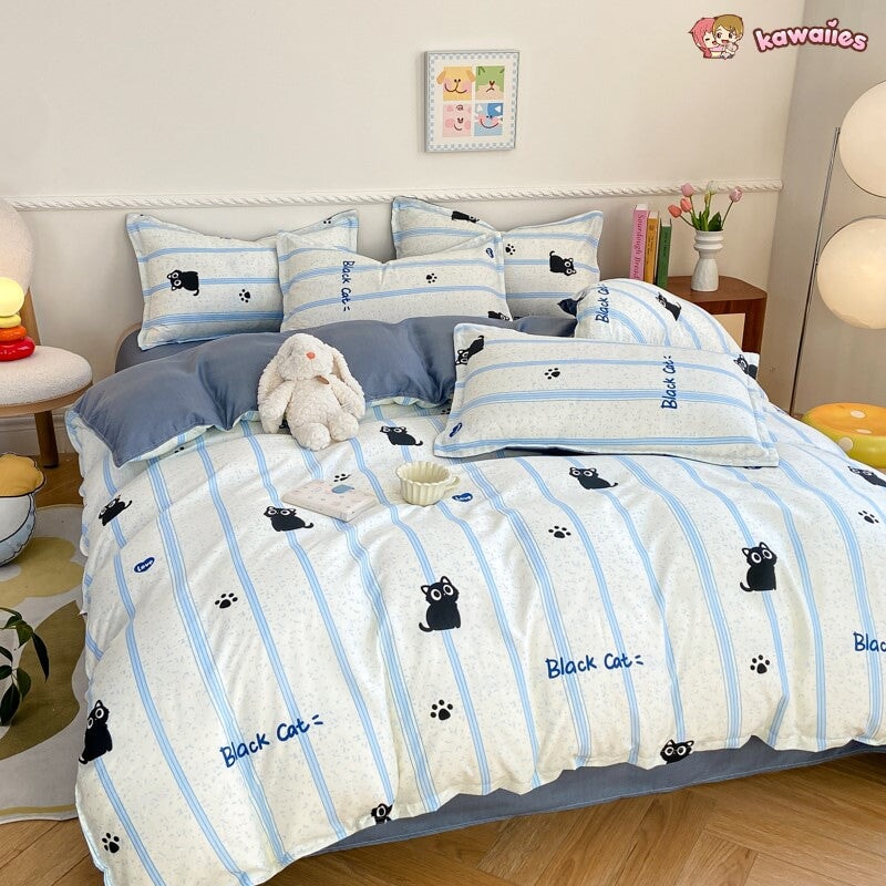 kawaiies-softtoys-plushies-kawaii-plush-Peach Blue Striped Black Cat Polyester Bedding Sets Bedding Sets 