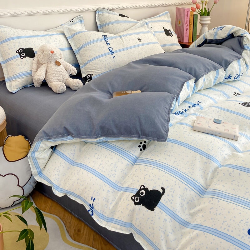 kawaiies-softtoys-plushies-kawaii-plush-Peach Blue Striped Black Cat Polyester Bedding Sets Bedding Sets 