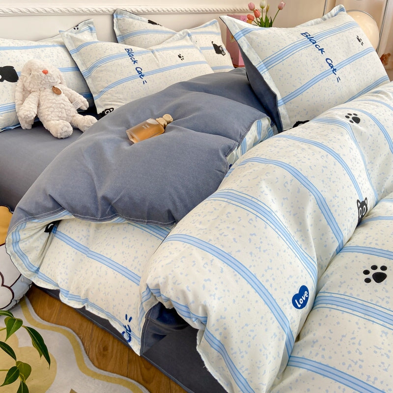 kawaiies-softtoys-plushies-kawaii-plush-Peach Blue Striped Black Cat Polyester Bedding Sets Bedding Sets 