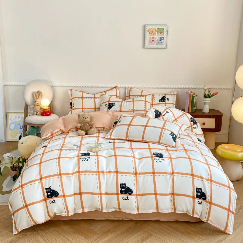 kawaiies-softtoys-plushies-kawaii-plush-Peach Blue Striped Black Cat Polyester Bedding Sets Bedding Sets 