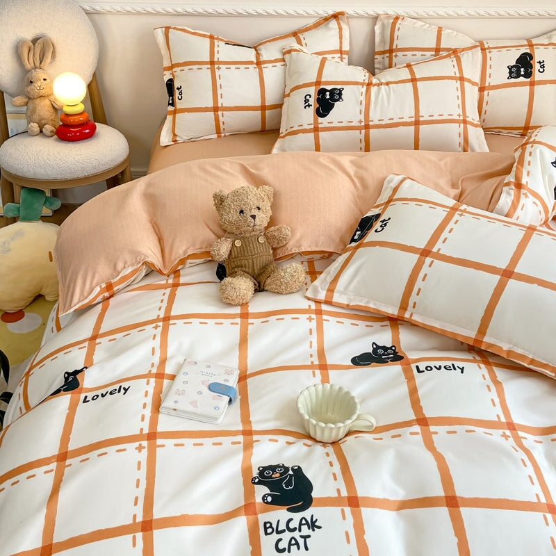 kawaiies-softtoys-plushies-kawaii-plush-Peach Blue Striped Black Cat Polyester Bedding Sets Bedding Sets 