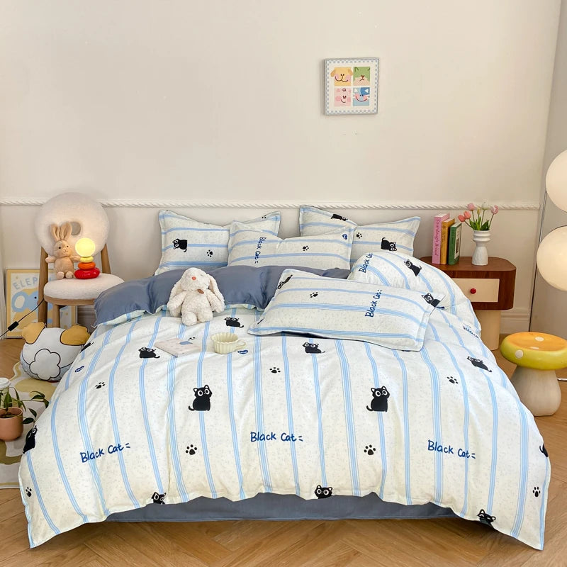 kawaiies-softtoys-plushies-kawaii-plush-Peach Blue Striped Black Cat Polyester Bedding Sets Bedding Sets Blue Queen 