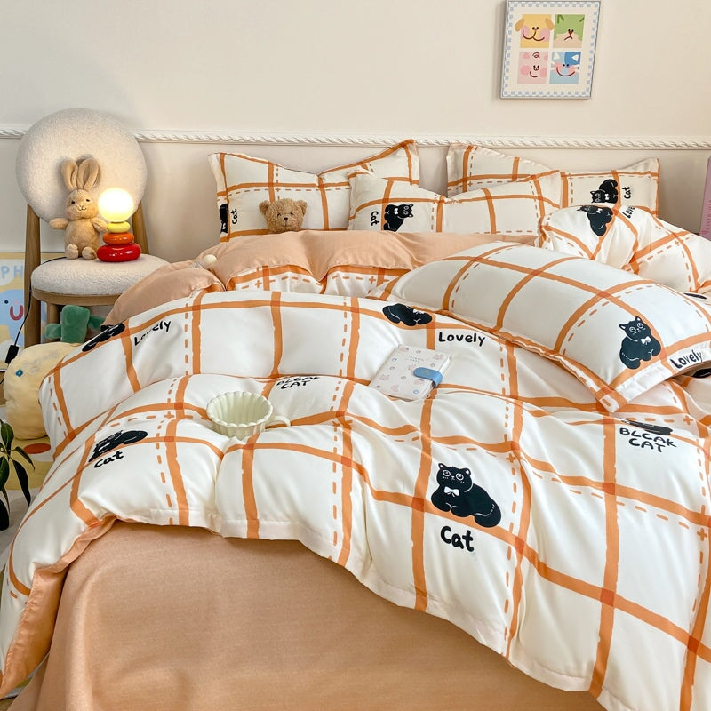 kawaiies-softtoys-plushies-kawaii-plush-Peach Blue Striped Black Cat Polyester Bedding Sets Bedding Sets Peach Single 