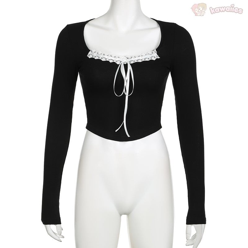 kawaiies-softtoys-plushies-kawaii-plush-Pink Black Ribbon Laced Long Sleeve Women's Top Tops 