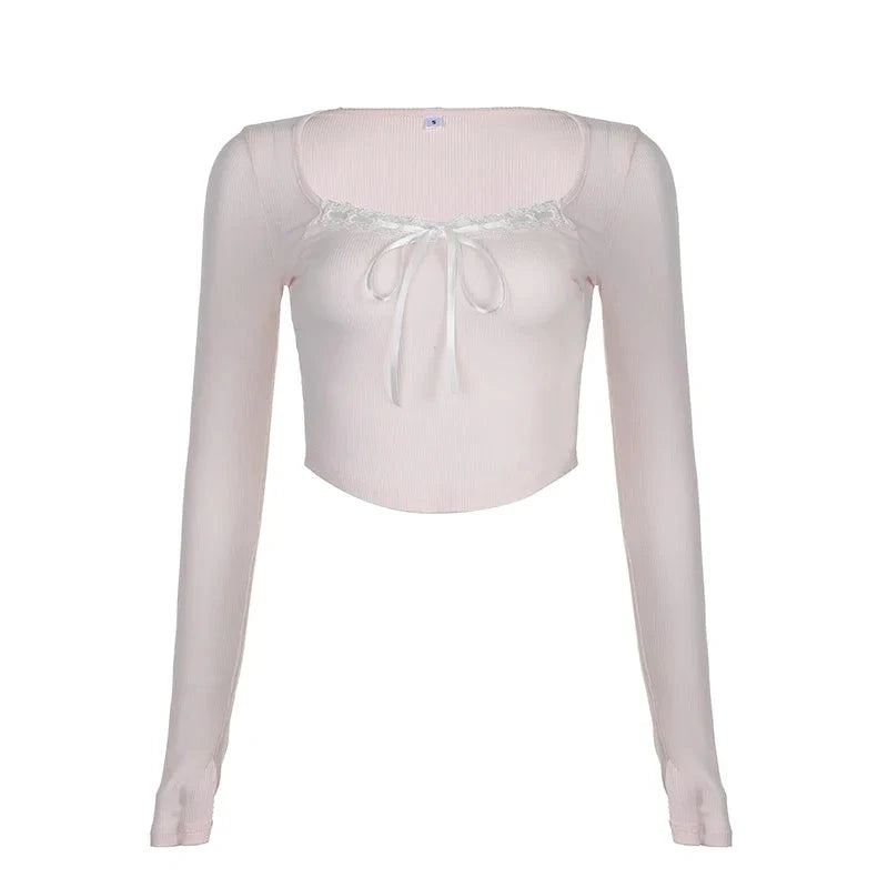 kawaiies-softtoys-plushies-kawaii-plush-Pink Black Ribbon Laced Long Sleeve Women's Top Tops 