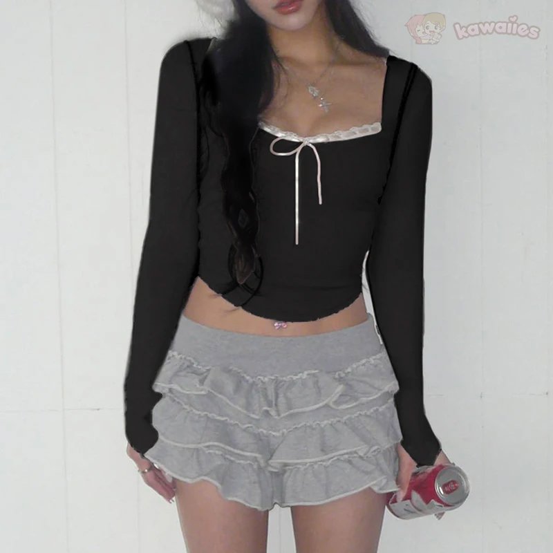 kawaiies-softtoys-plushies-kawaii-plush-Pink Black Ribbon Laced Long Sleeve Women's Top Tops 