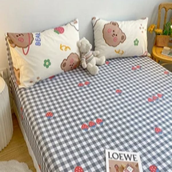 kawaiies-softtoys-plushies-kawaii-plush-Pink Bunny Brown Bear Strawberry Checked Cotton Bedsheets Bedding Sets 