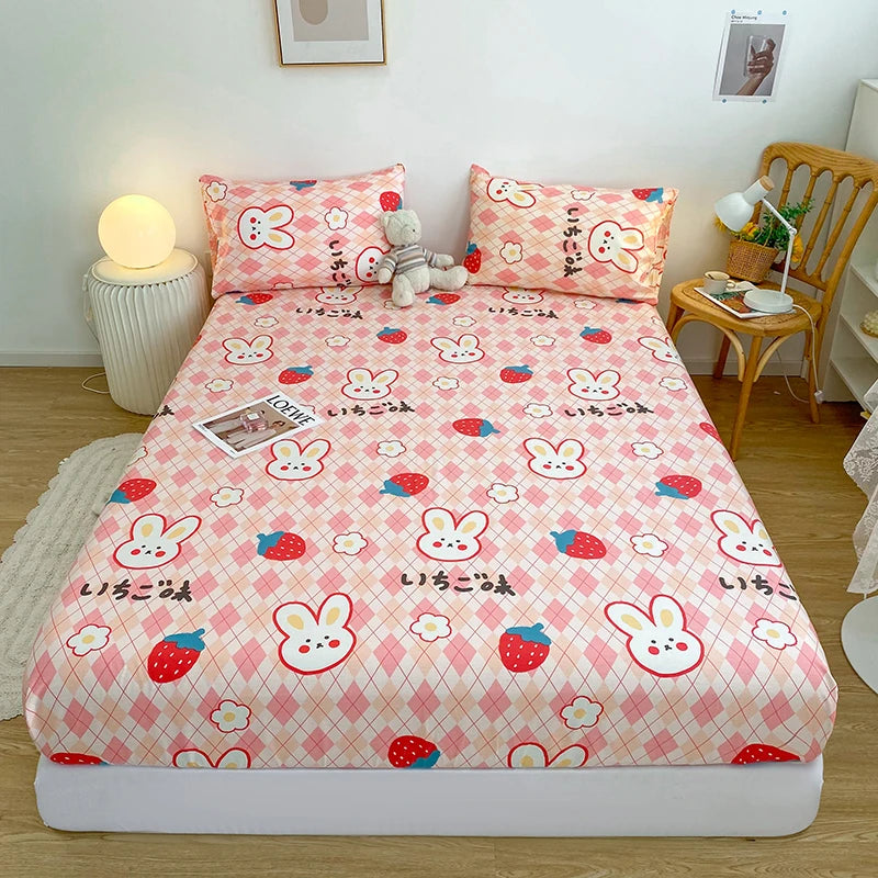 kawaiies-softtoys-plushies-kawaii-plush-Pink Bunny Brown Bear Strawberry Checked Cotton Bedsheets Bedding Sets 