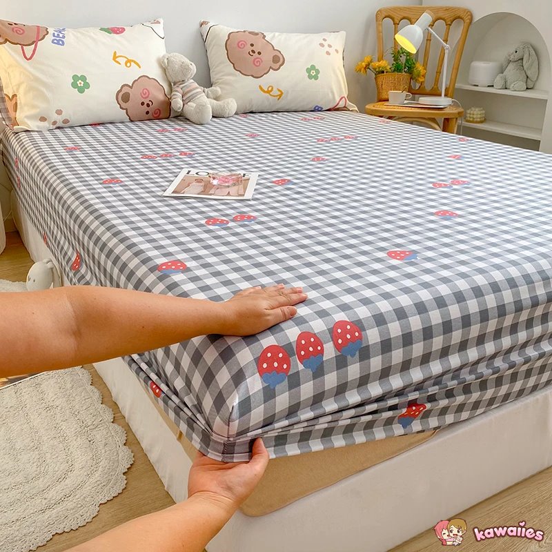 kawaiies-softtoys-plushies-kawaii-plush-Pink Bunny Brown Bear Strawberry Checked Cotton Bedsheets Bedding Sets 