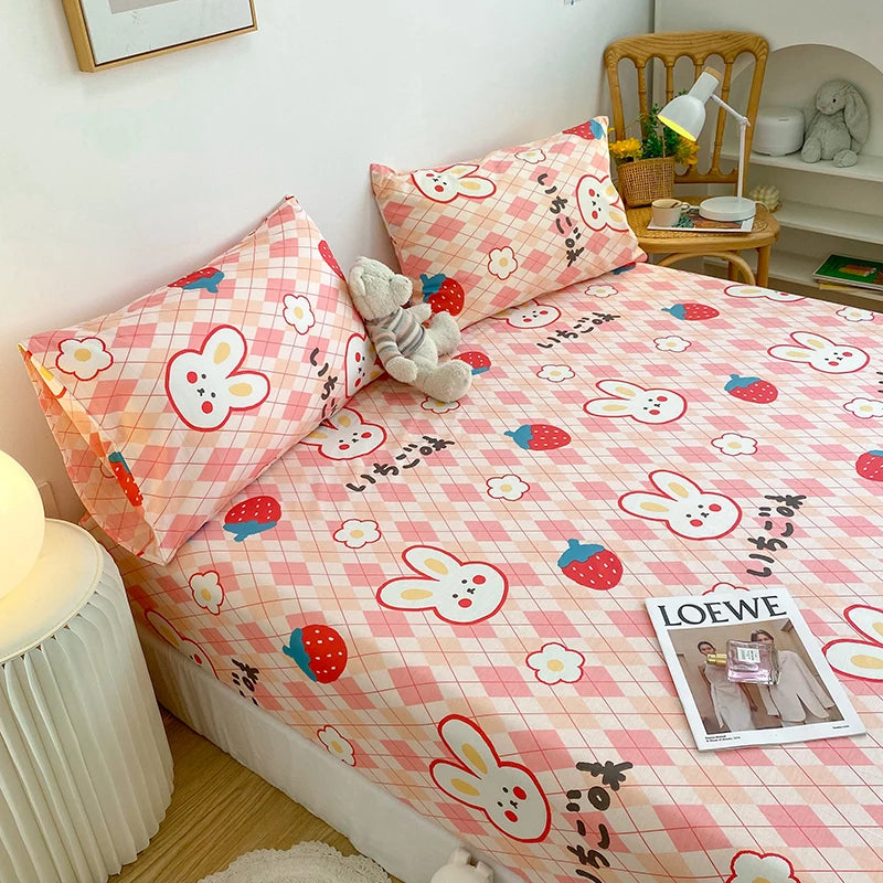 kawaiies-softtoys-plushies-kawaii-plush-Pink Bunny Brown Bear Strawberry Checked Cotton Bedsheets Bedding Sets 