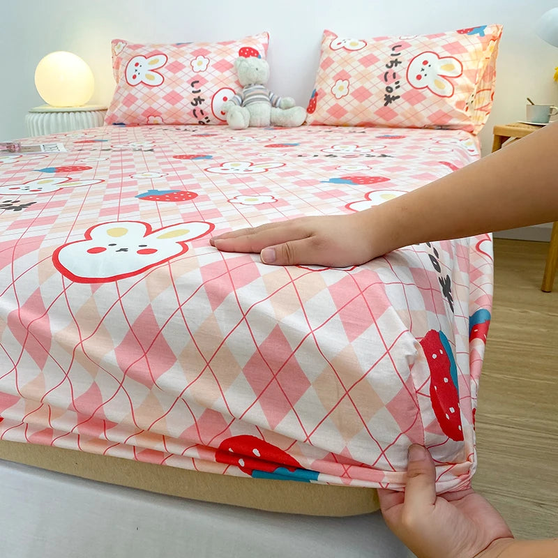 kawaiies-softtoys-plushies-kawaii-plush-Pink Bunny Brown Bear Strawberry Checked Cotton Bedsheets Bedding Sets 