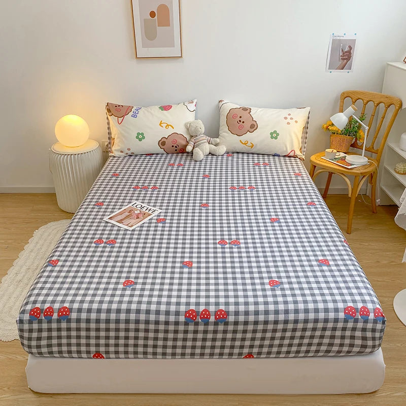 kawaiies-softtoys-plushies-kawaii-plush-Pink Bunny Brown Bear Strawberry Checked Cotton Bedsheets Bedding Sets Navy Bear 2 Pillowcases 