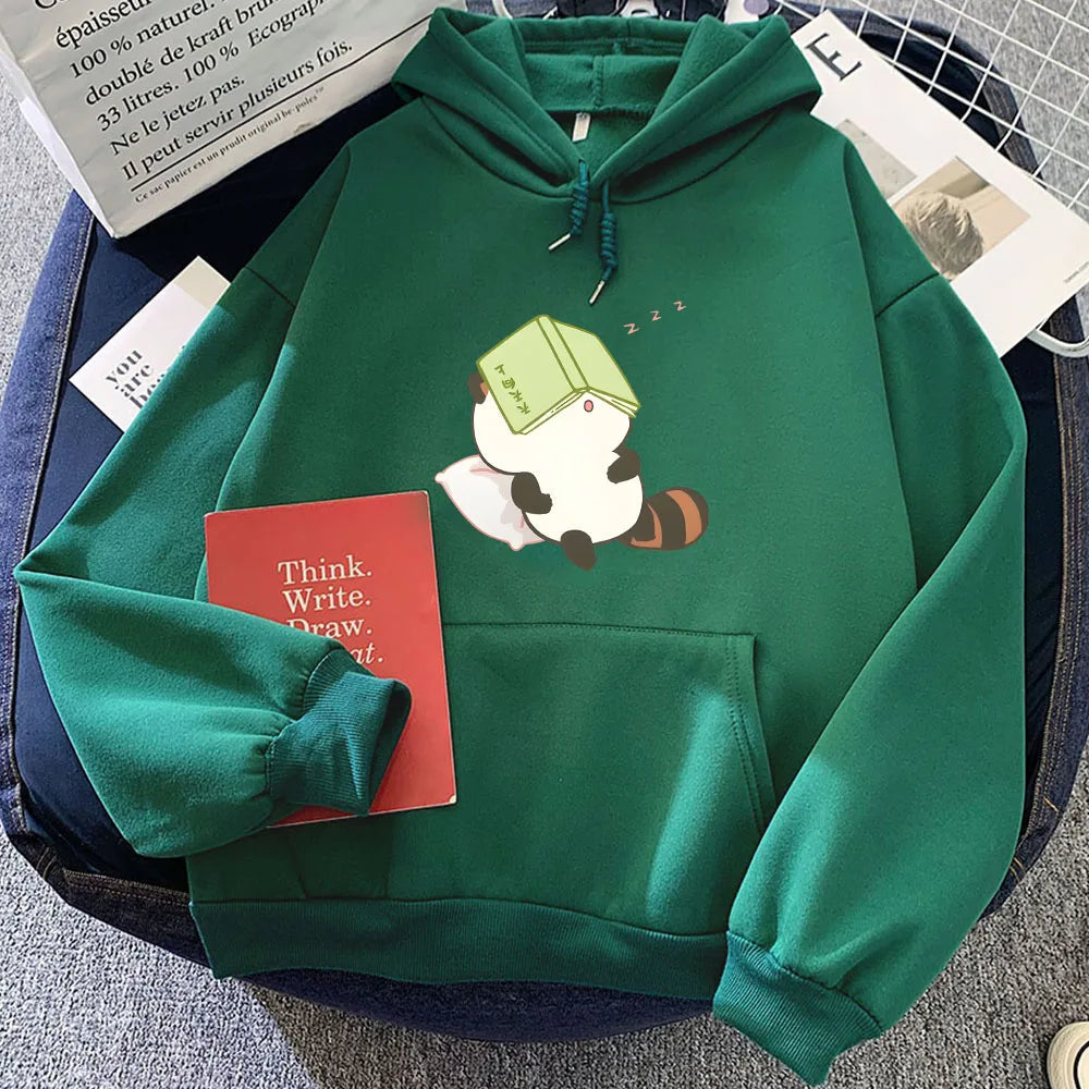 kawaiies-softtoys-plushies-kawaii-plush-Raccoon Sleeping and Studying Unisex Hoodies Apparel Green XS 