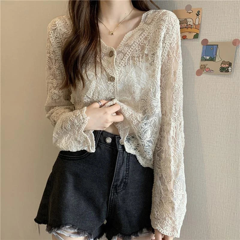 kawaiies-softtoys-plushies-kawaii-plush-Sheer Long Sleeve Button Women's Cardigan Tops 