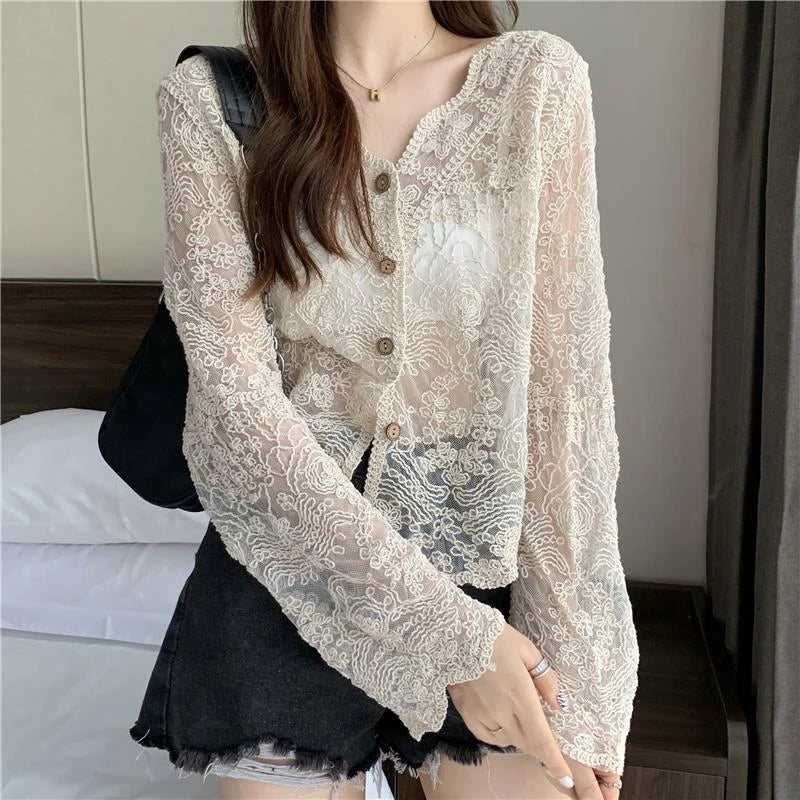 kawaiies-softtoys-plushies-kawaii-plush-Sheer Long Sleeve Button Women's Cardigan Tops 