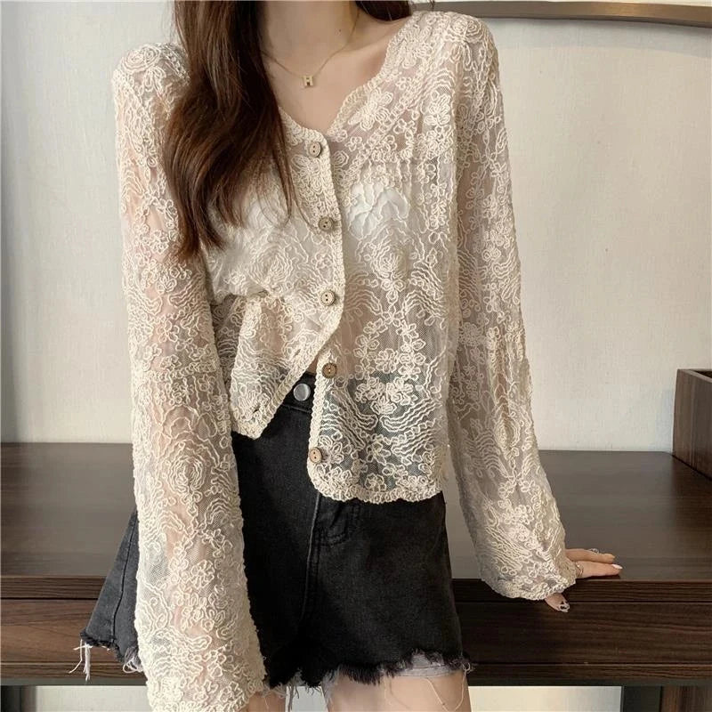 kawaiies-softtoys-plushies-kawaii-plush-Sheer Long Sleeve Button Women's Cardigan Tops 