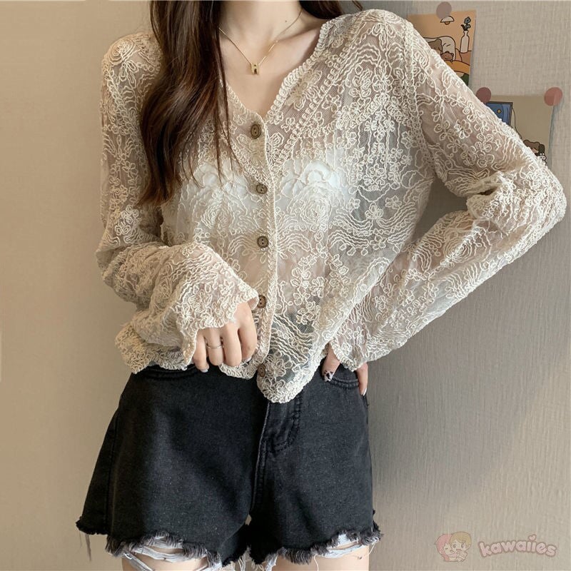 kawaiies-softtoys-plushies-kawaii-plush-Sheer Long Sleeve Button Women's Cardigan Tops 