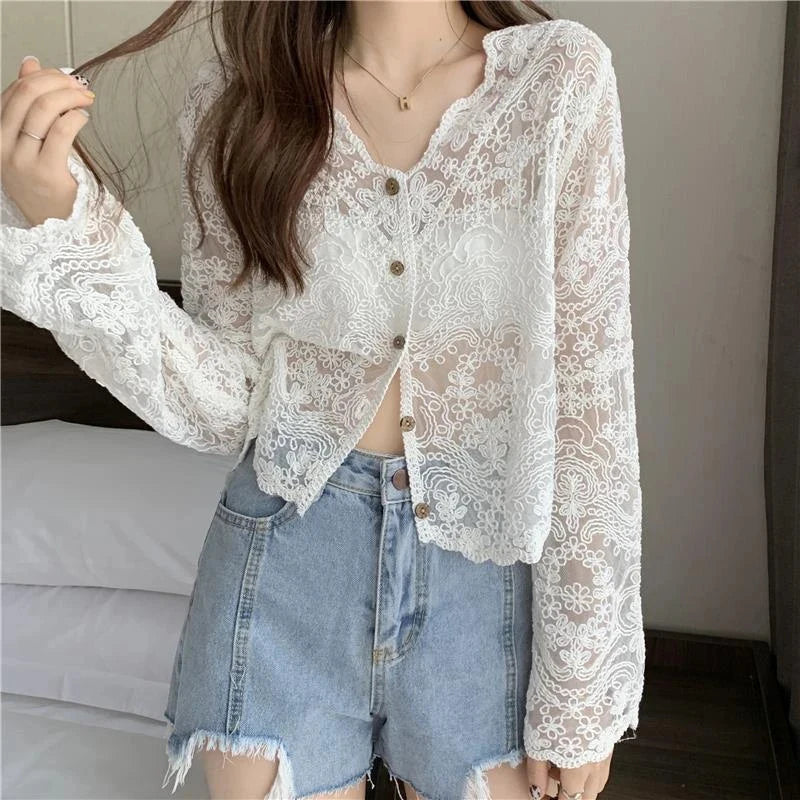 kawaiies-softtoys-plushies-kawaii-plush-Sheer Long Sleeve Button Women's Cardigan Tops White S 