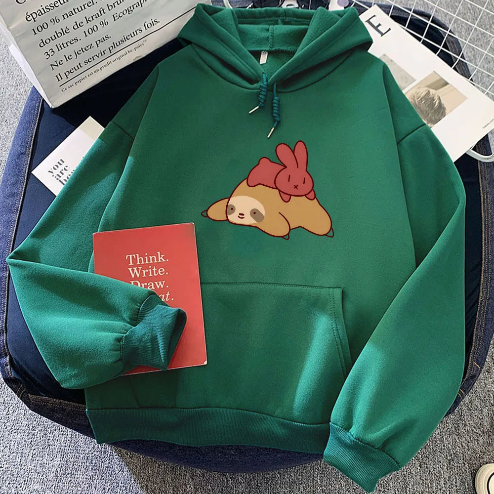 kawaiies-softtoys-plushies-kawaii-plush-Sleepy Sloth Red Bunny Unisex Hoodie Apparel Green S 