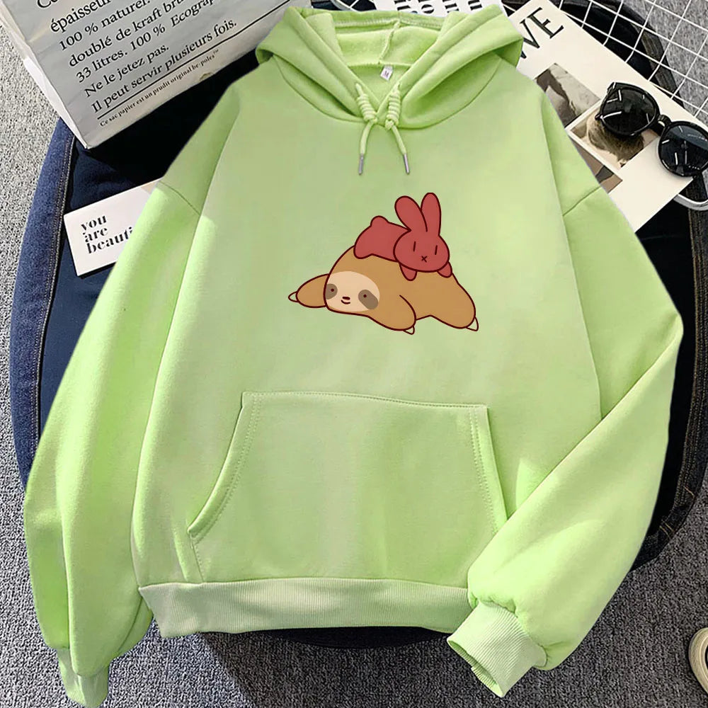 kawaiies-softtoys-plushies-kawaii-plush-Sleepy Sloth Red Bunny Unisex Hoodie Apparel Lime XXL 