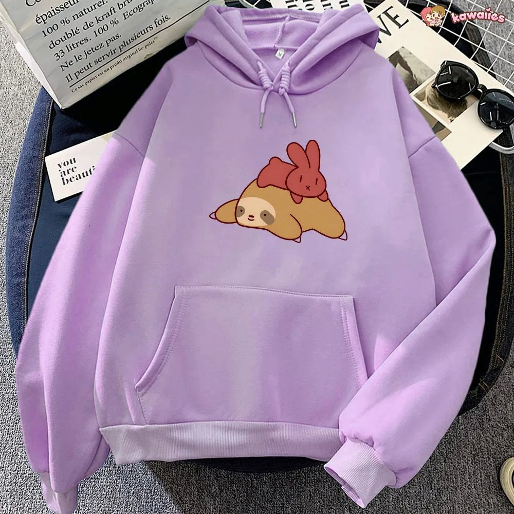 kawaiies-softtoys-plushies-kawaii-plush-Sleepy Sloth Red Bunny Unisex Hoodie Apparel Purple XS 