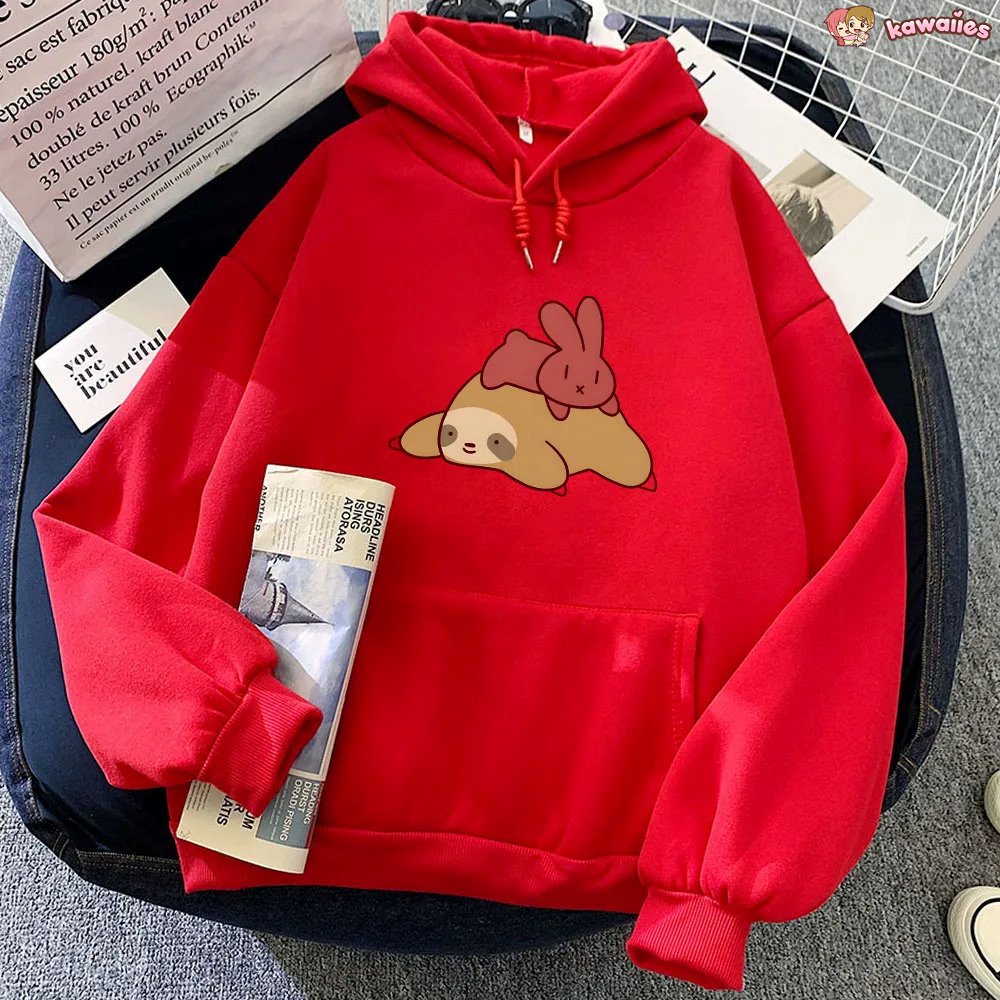 kawaiies-softtoys-plushies-kawaii-plush-Sleepy Sloth Red Bunny Unisex Hoodie Apparel Red XS 