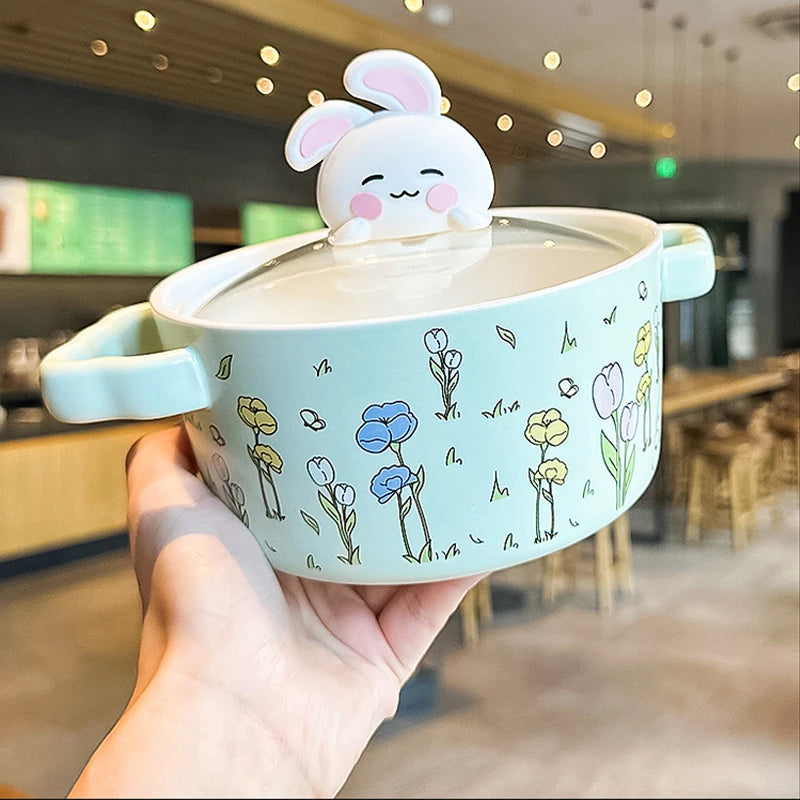 kawaiies-softtoys-plushies-kawaii-plush-Spring Bunny Jumbo Ceramic Ramen Bowl With Lid Home Decor Green 