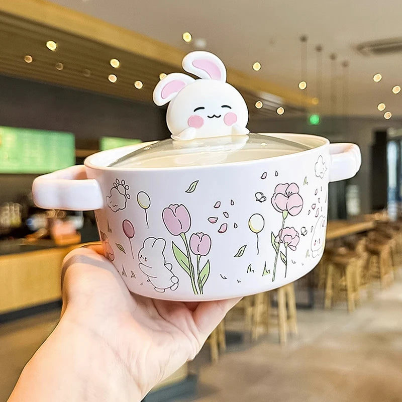 kawaiies-softtoys-plushies-kawaii-plush-Spring Bunny Jumbo Ceramic Ramen Bowl With Lid Home Decor Pink 