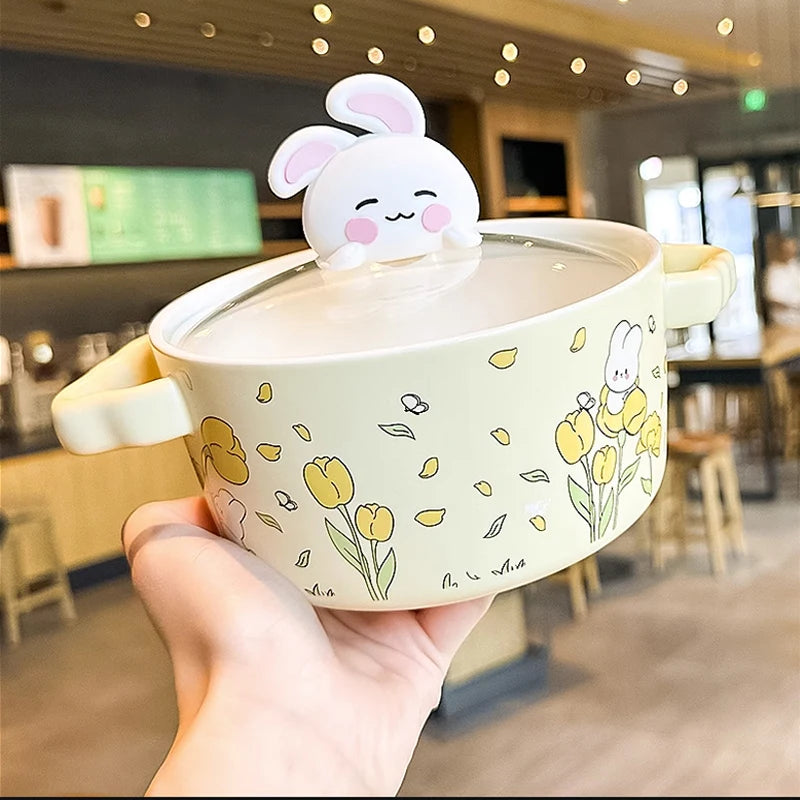 kawaiies-softtoys-plushies-kawaii-plush-Spring Bunny Jumbo Ceramic Ramen Bowl With Lid Home Decor Yellow 