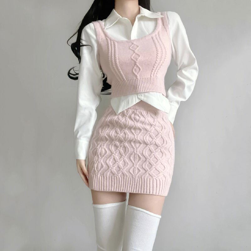 kawaiies-softtoys-plushies-kawaii-plush-Spring Pink Elegant Knitted Tank and Skirt Three-piece Set Apparel 