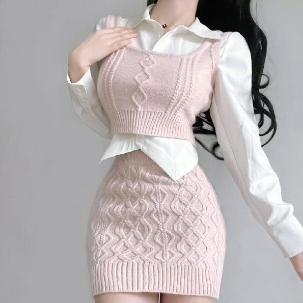 kawaiies-softtoys-plushies-kawaii-plush-Spring Pink Elegant Knitted Tank and Skirt Three-piece Set Apparel 