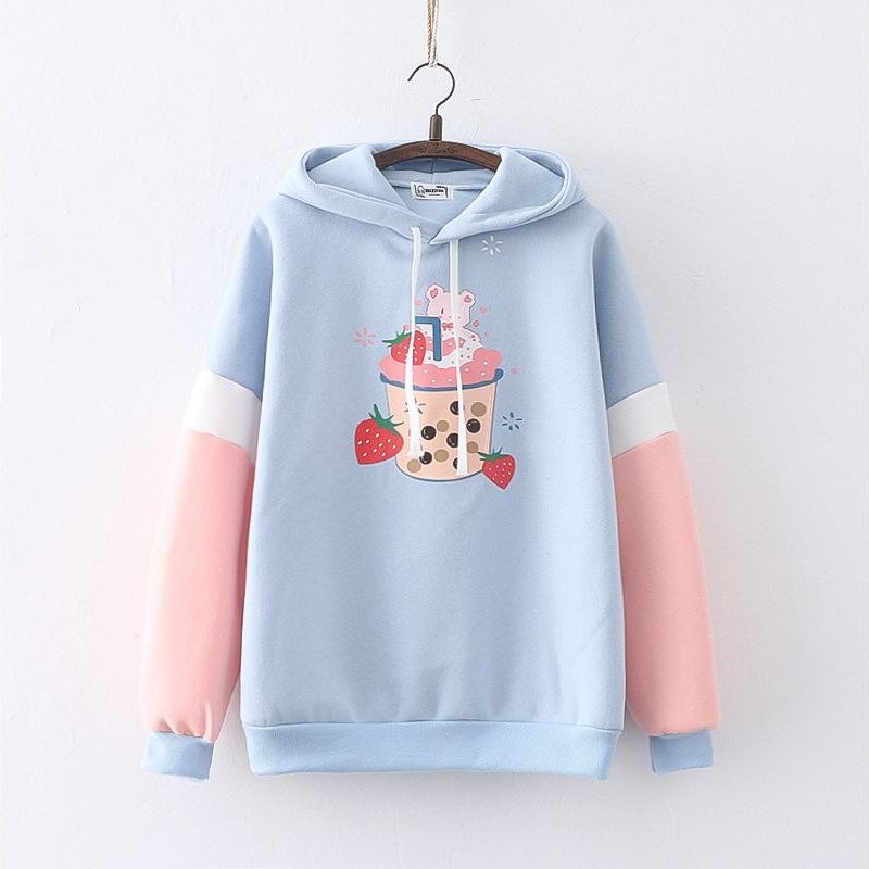 kawaiies-softtoys-plushies-kawaii-plush-Strawberry Shake Bubble Tea White Cream Fleece Hoodies Hoodies 