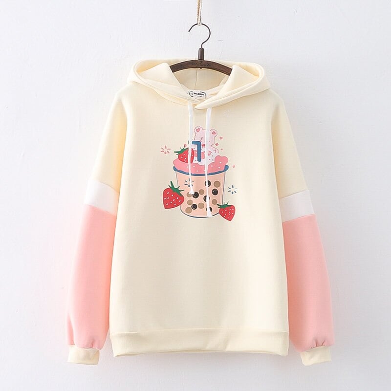 kawaiies-softtoys-plushies-kawaii-plush-Strawberry Shake Bubble Tea White Cream Fleece Hoodies Hoodies Cream 