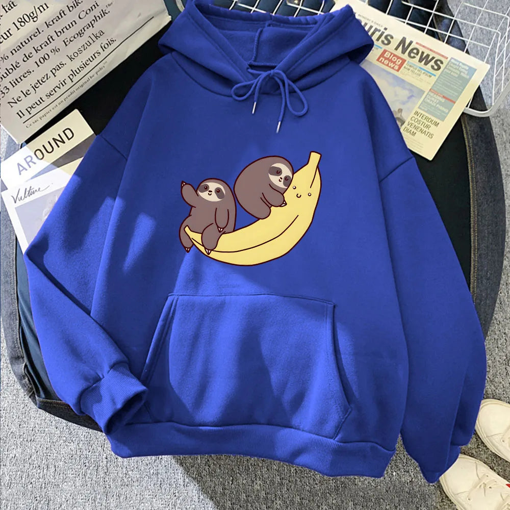 kawaiies-softtoys-plushies-kawaii-plush-Two Baby Sloths Hugging Banana Unisex Hoodie Apparel Dark Blue M 