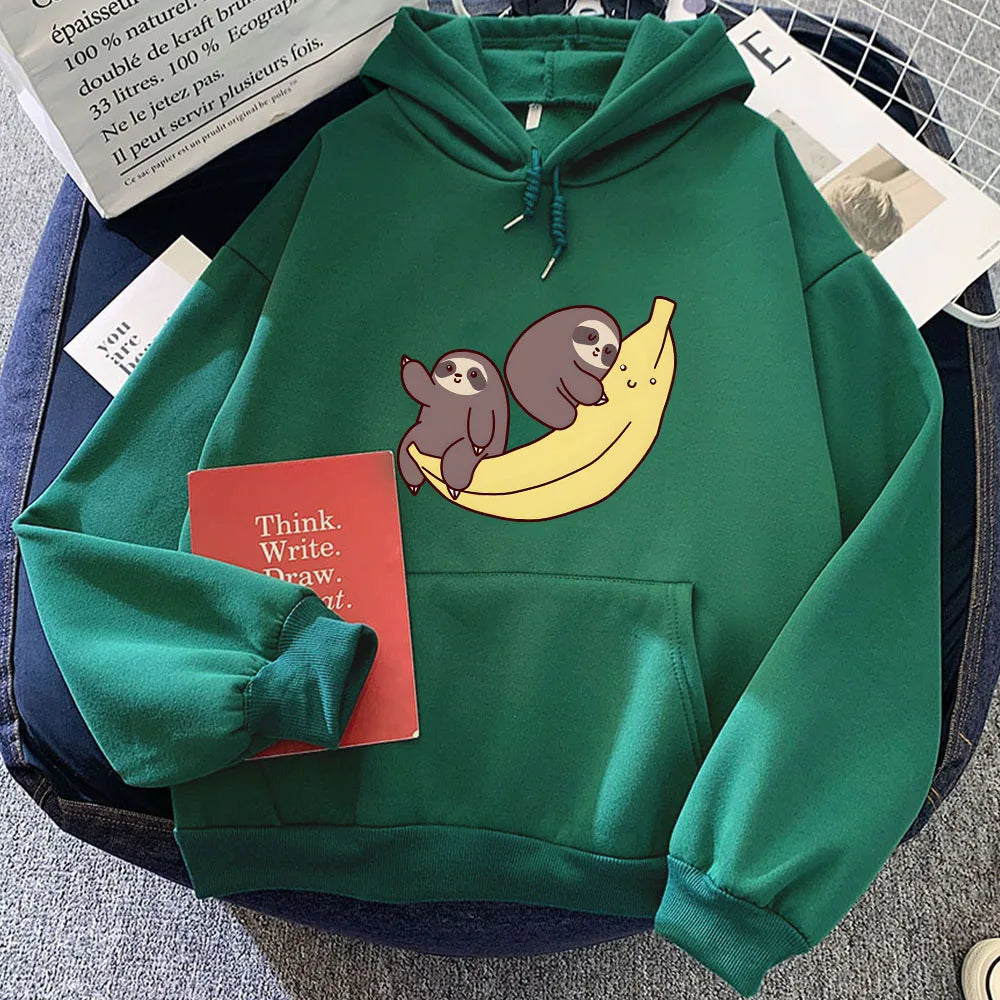 kawaiies-softtoys-plushies-kawaii-plush-Two Baby Sloths Hugging Banana Unisex Hoodie Apparel Dark Green S 