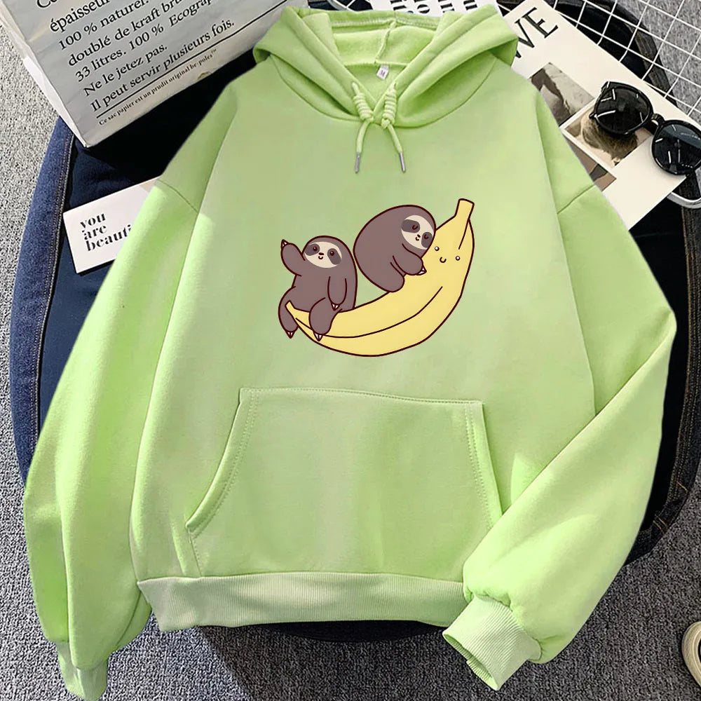 kawaiies-softtoys-plushies-kawaii-plush-Two Baby Sloths Hugging Banana Unisex Hoodie Apparel Light Green S 