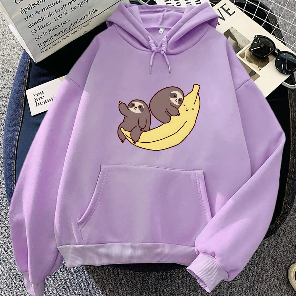 kawaiies-softtoys-plushies-kawaii-plush-Two Baby Sloths Hugging Banana Unisex Hoodie Apparel Light Purple XS 