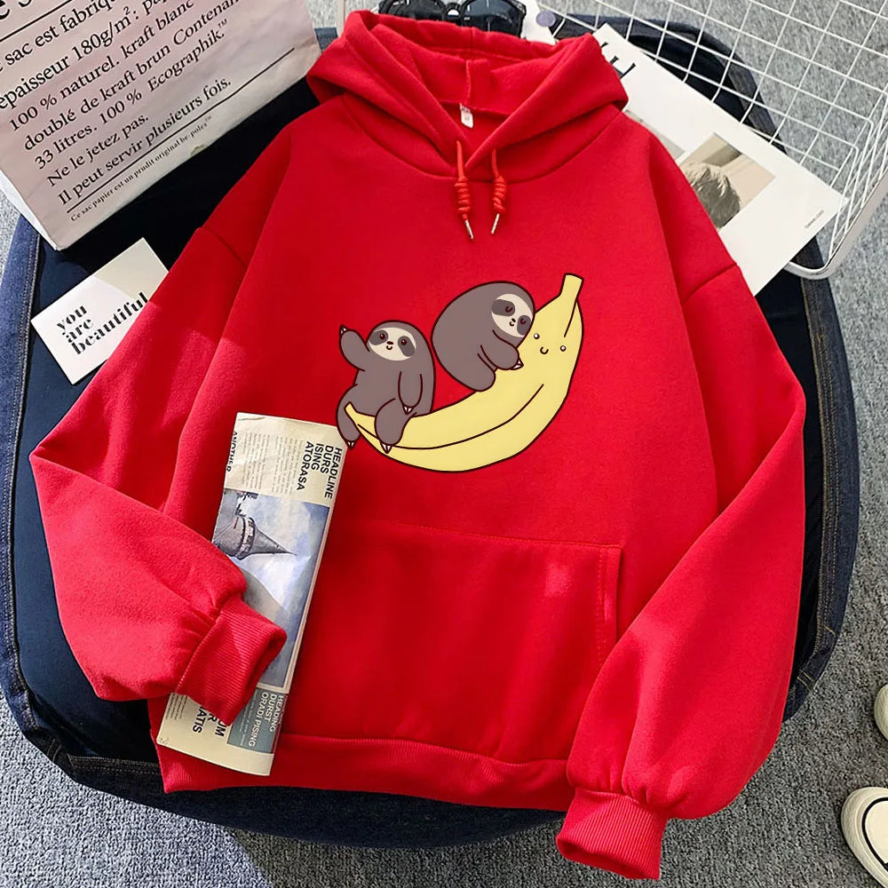 kawaiies-softtoys-plushies-kawaii-plush-Two Baby Sloths Hugging Banana Unisex Hoodie Apparel Red XS 