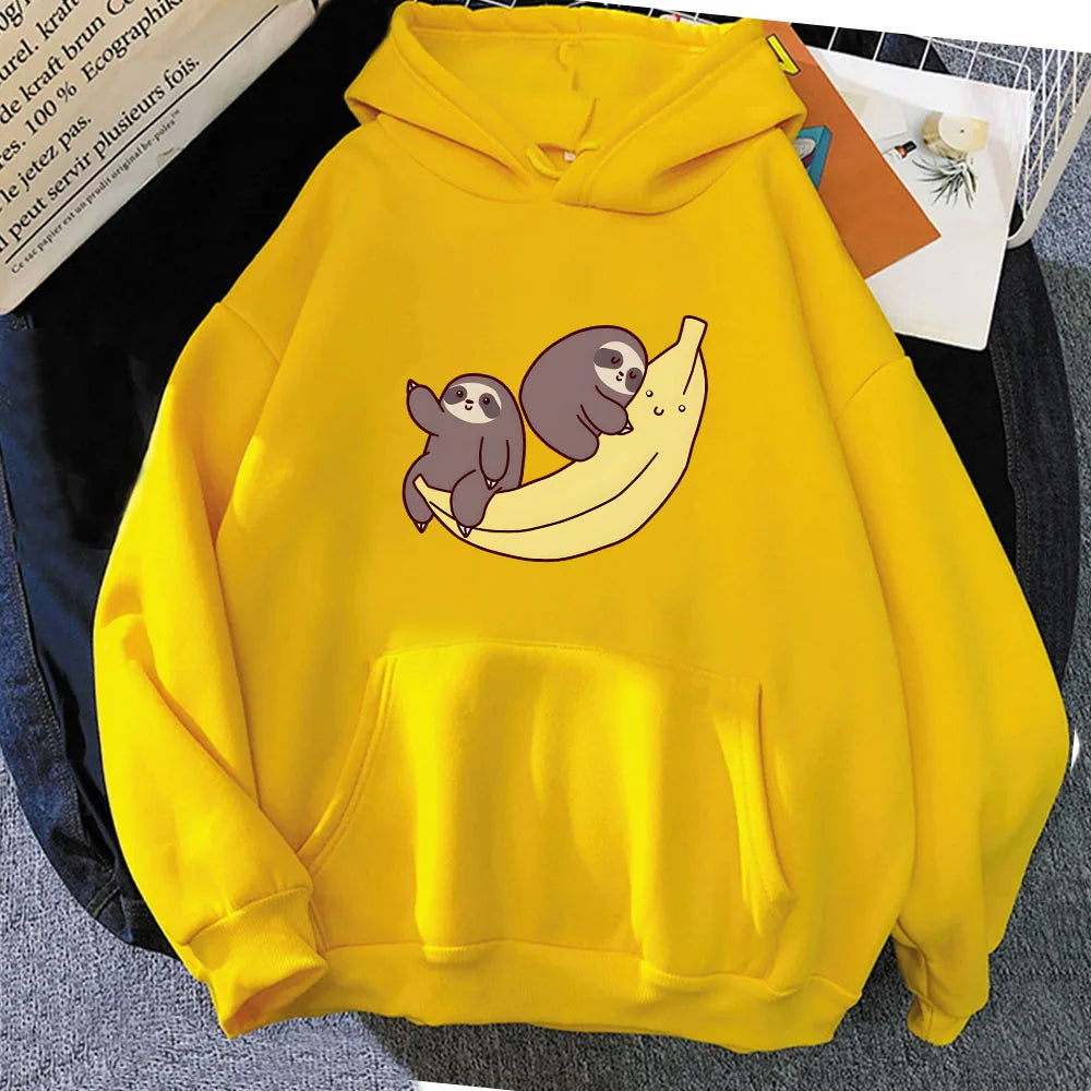 kawaiies-softtoys-plushies-kawaii-plush-Two Baby Sloths Hugging Banana Unisex Hoodie Apparel Yellow XS 