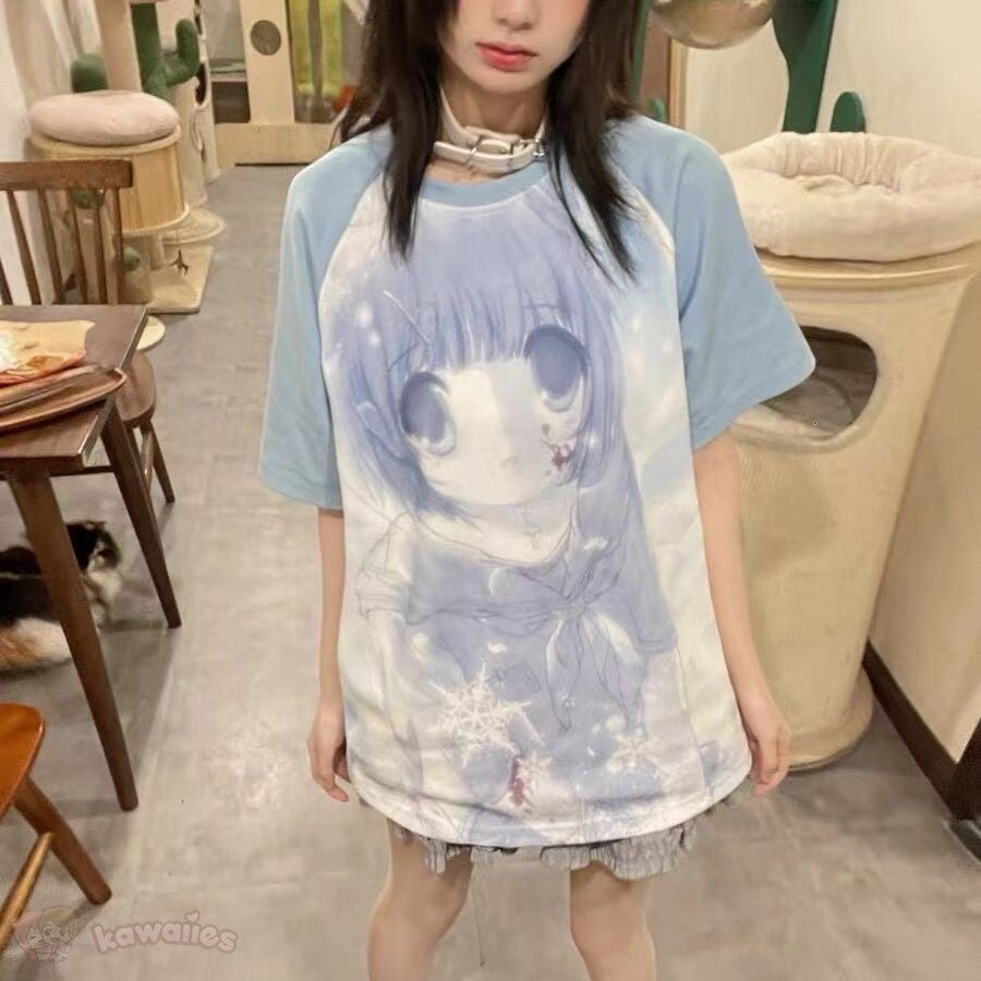 kawaiies-softtoys-plushies-kawaii-plush-White Anime Washed Blue Girl Two-tone Women's Tee Tops 