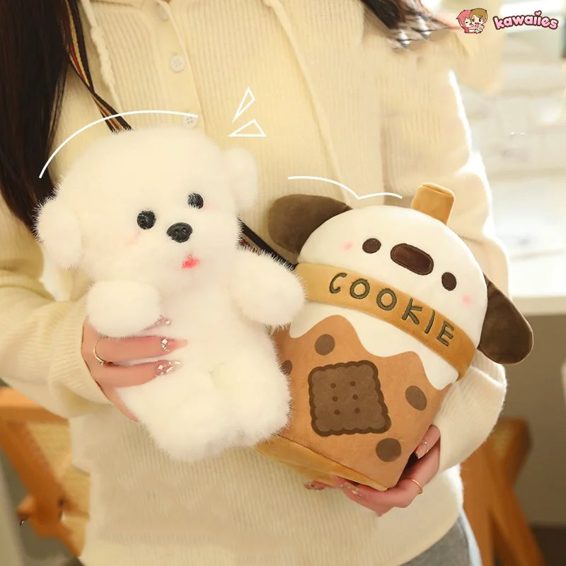 kawaiies-softtoys-plushies-kawaii-plush-White Bichon Frisé Plushie Bubble Tea Cookie Bag Soft toy 