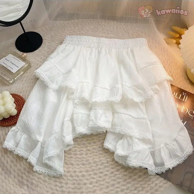 kawaiies-softtoys-plushies-kawaii-plush-White Black Irregular Layered Mini Skirt Apparel White S 