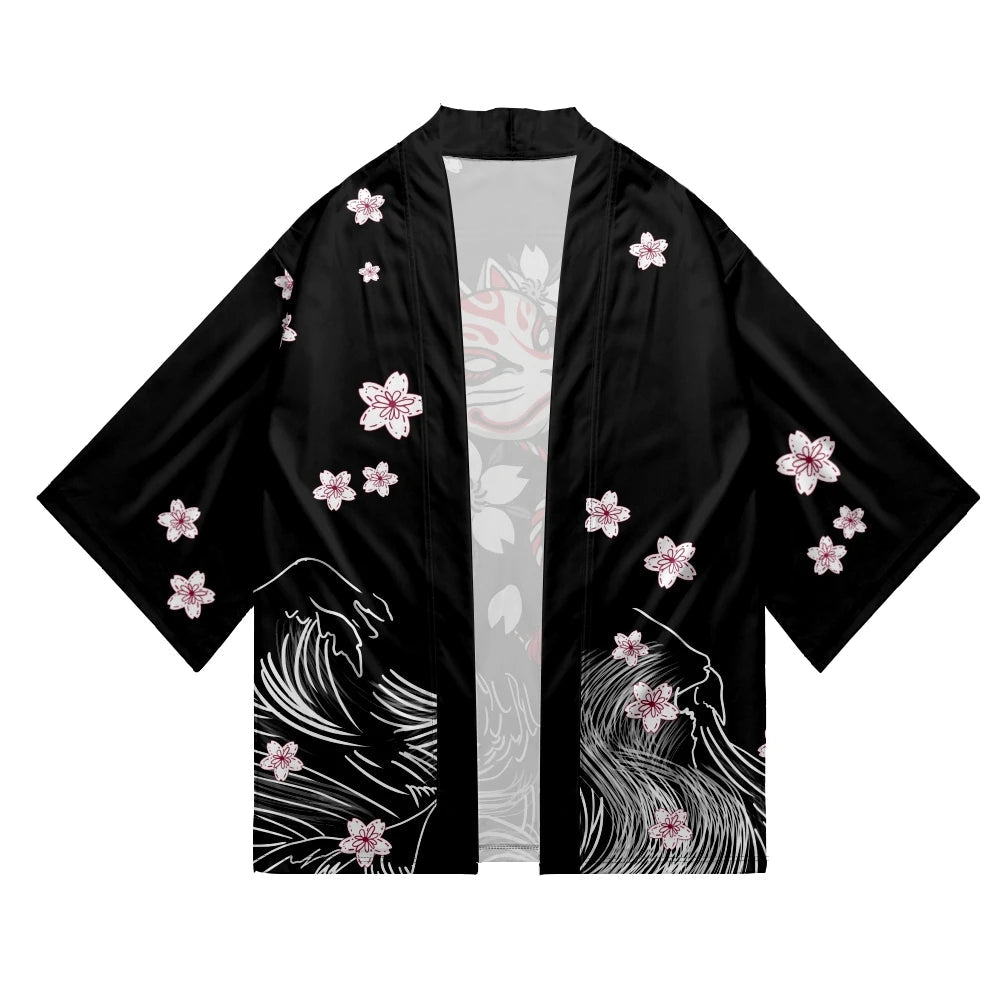 kawaiies-softtoys-plushies-kawaii-plush-White Fox Mask Sakura Unisex Black Kimono Kimono 