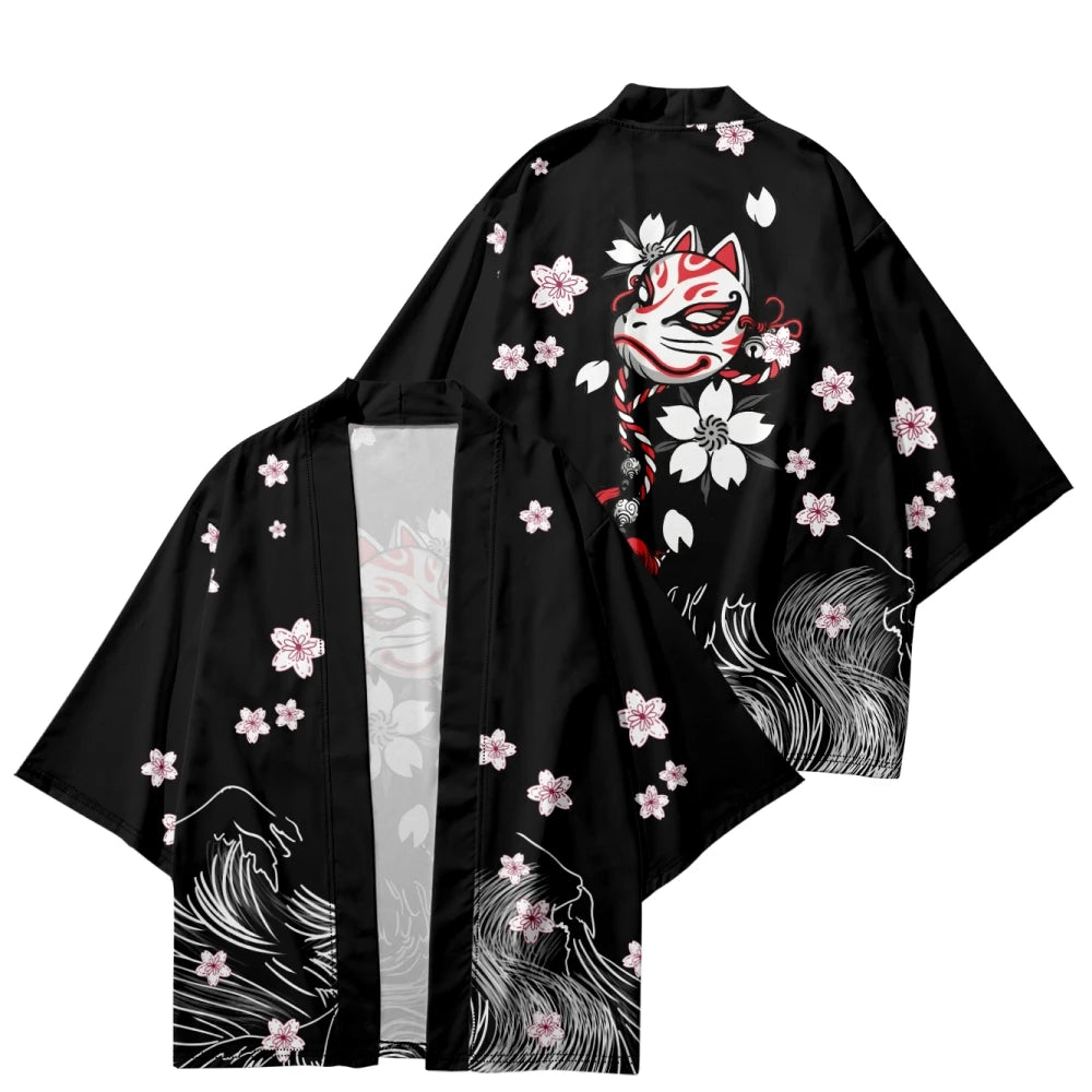 kawaiies-softtoys-plushies-kawaii-plush-White Fox Mask Sakura Unisex Black Kimono Kimono 