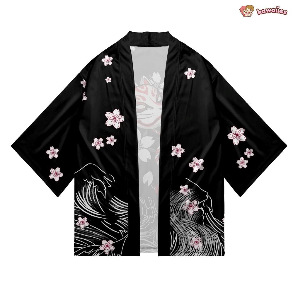 kawaiies-softtoys-plushies-kawaii-plush-White Fox Mask Sakura Unisex Black Kimono Kimono 