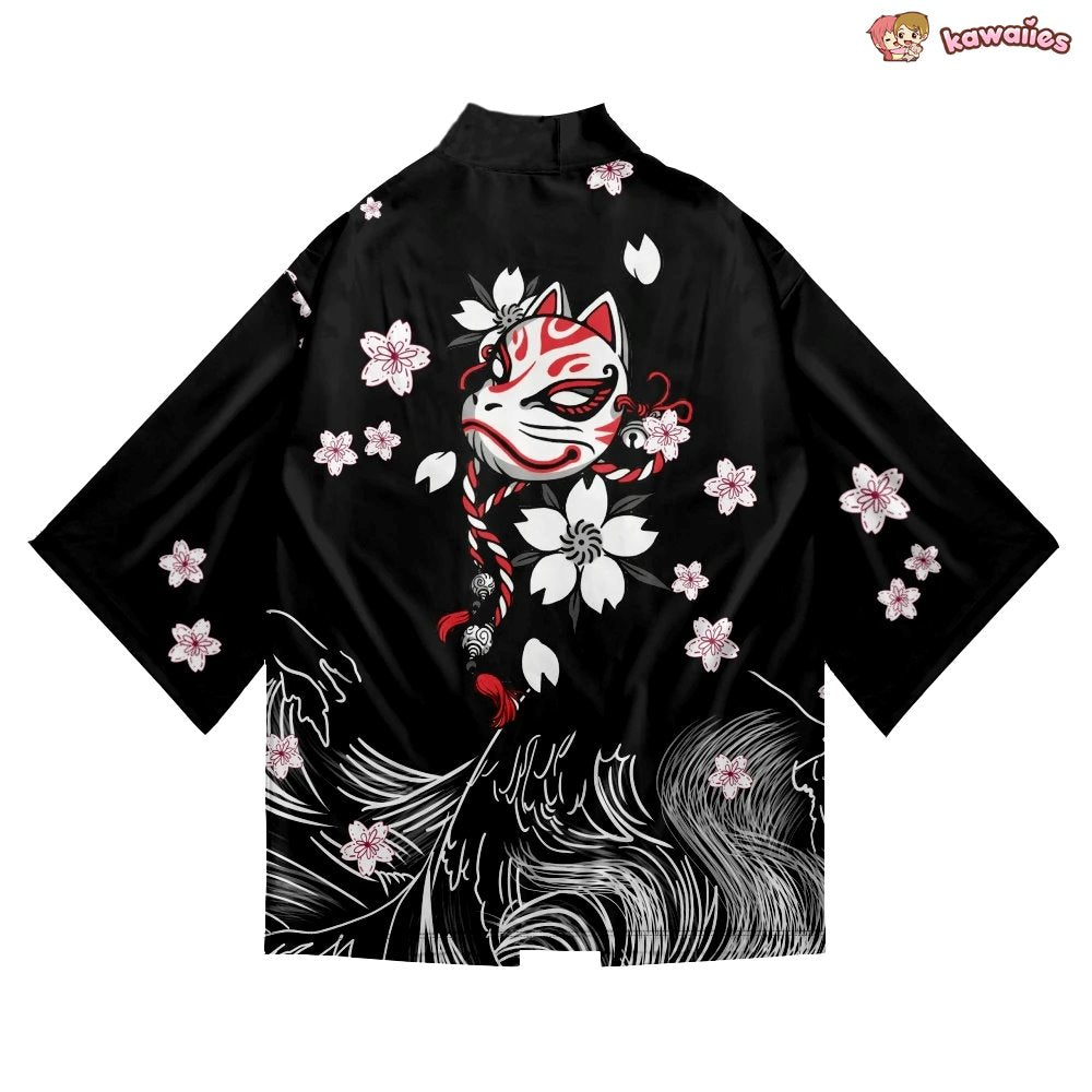 kawaiies-softtoys-plushies-kawaii-plush-White Fox Mask Sakura Unisex Black Kimono Kimono 